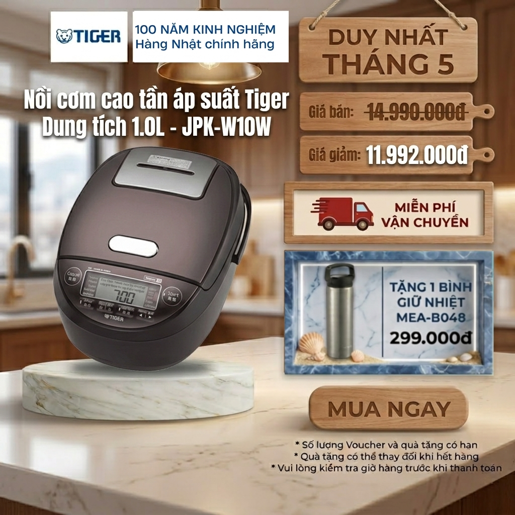 Nồi Cơm Điện Tử Cao Tần Áp Suất Tiger 1 Lít - Mô phỏng nồi niêu đất - JPK-W10W - Hàng chính hãng