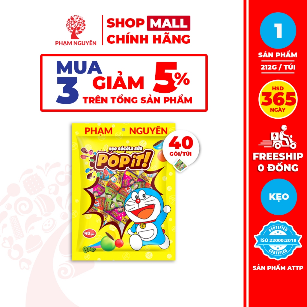Túi Kẹo socola sữa Popit Phạm Nguyên Doraemon 212g | Socola | Đồ ăn vặt