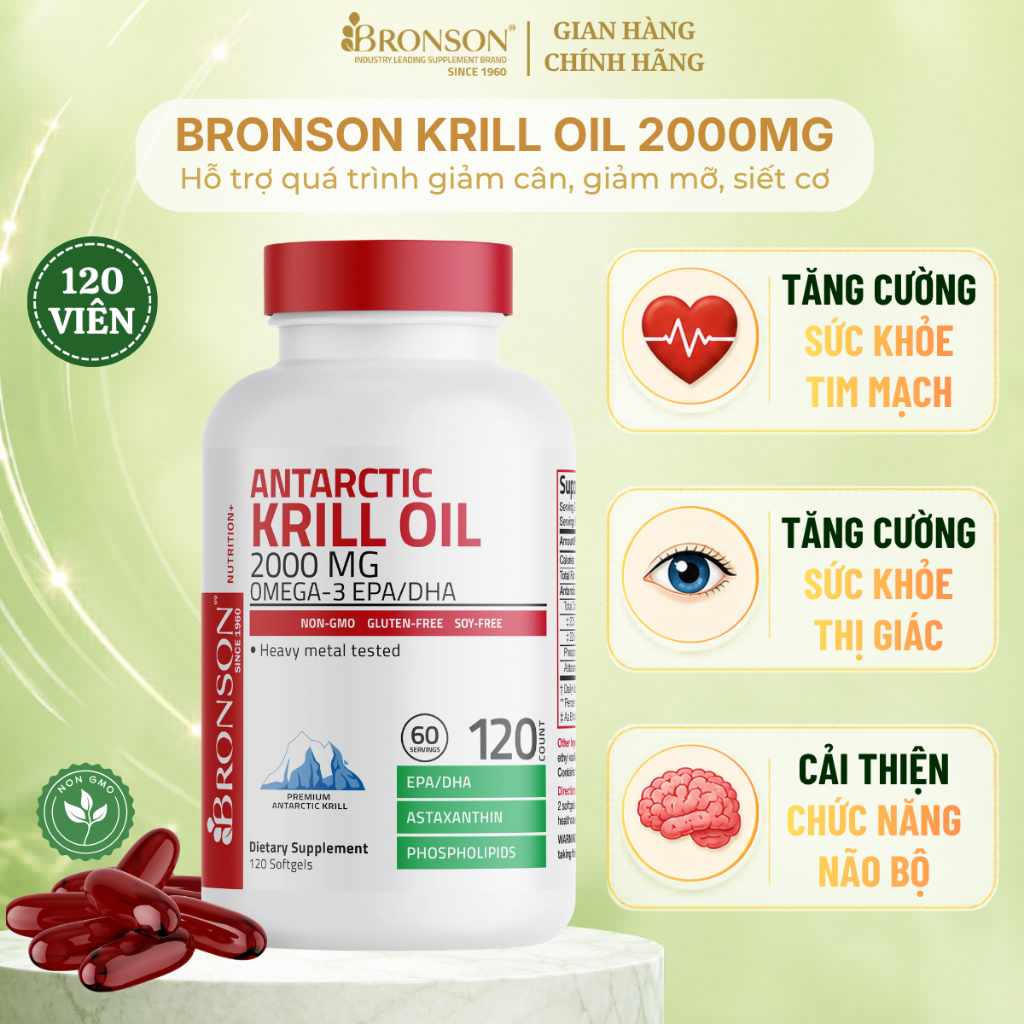 Dầu Nhuyễn Thể Bronson Antarctic Krill Oil 2000mg, Hỗ Trợ Sức Khỏe Tim Mạch & Đường Huyết, 120 Viên