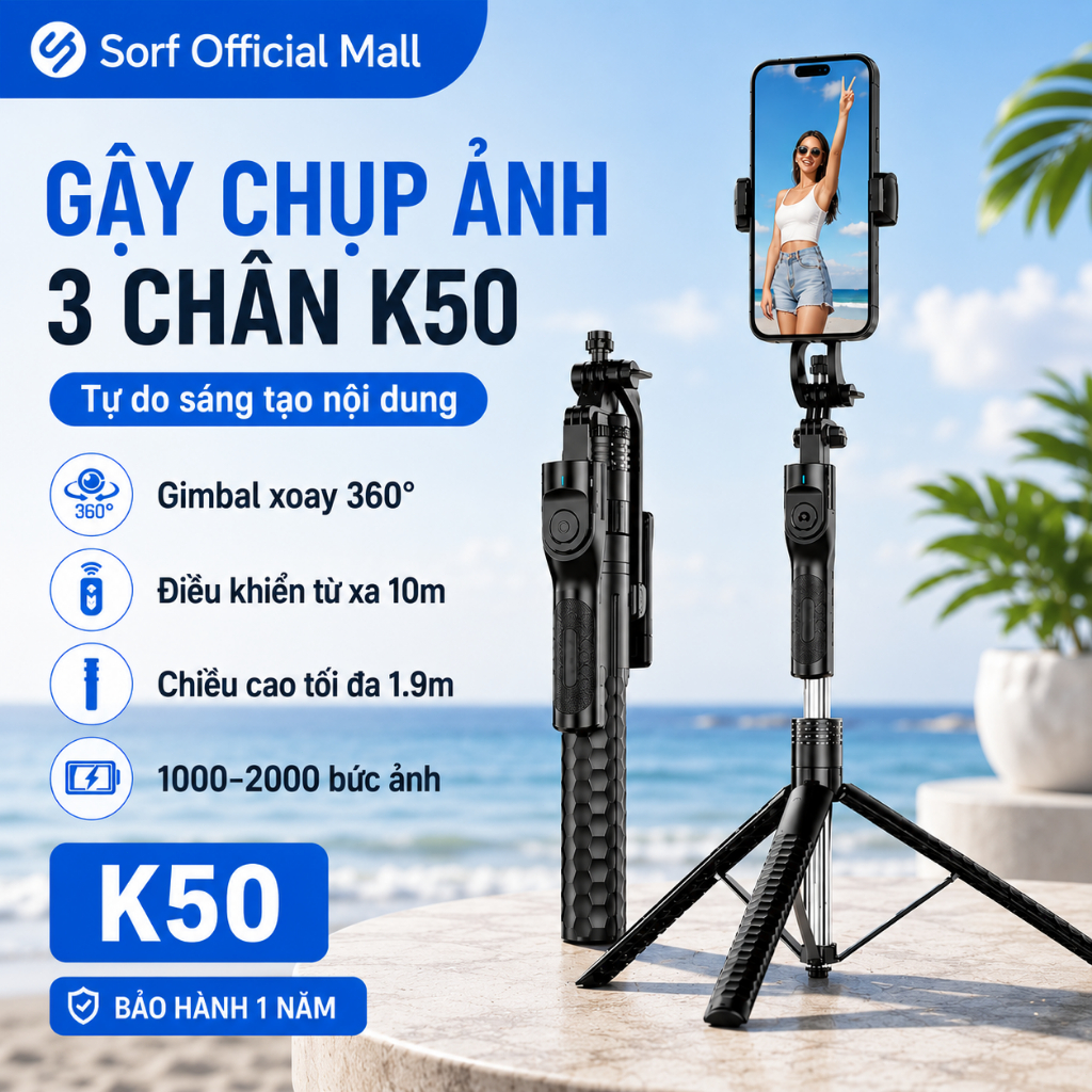 Sorf K50 Gậy Chụp Ảnh 3 Chân Có Đèn Led Chụp Ảnh Từ Xa Bluetooth, Hỗ Trợ Selfie, Quay Video Livestre