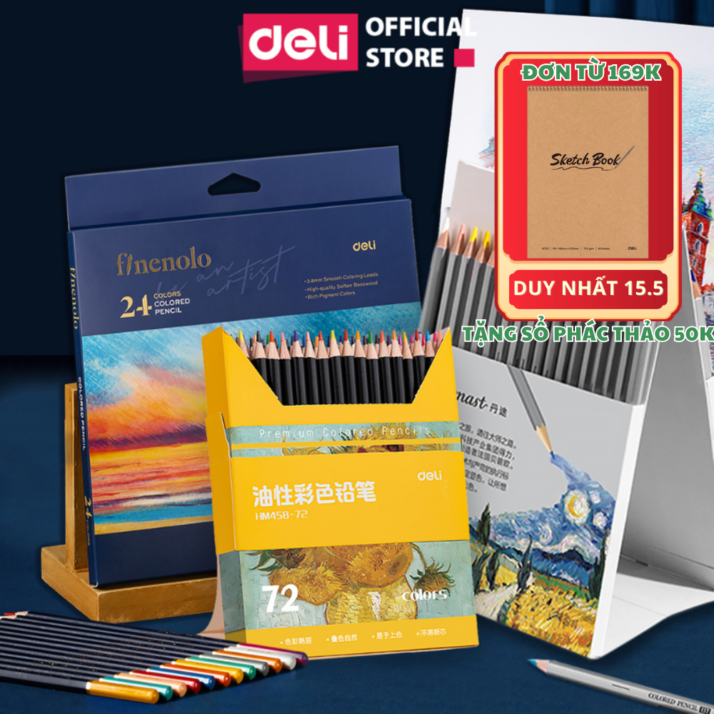 [TẶNG SỔ PHÁC THẢO] Bút Chì Màu Gốc Dầu Deli - Màu Chì Finenolo Dmast Hộp Giấy Gấp Đứng Được Layer M