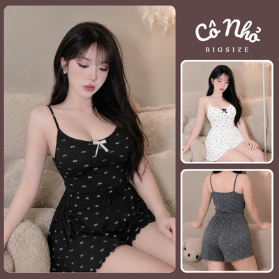 Bộ 2 Dây Nữ Mặc Ở Nhà Gồm Áo Hai Dây Kèm Quần Đùi Lưng Chun Họa Tiết Nơ Dễ Thương SET827/G124/SET884