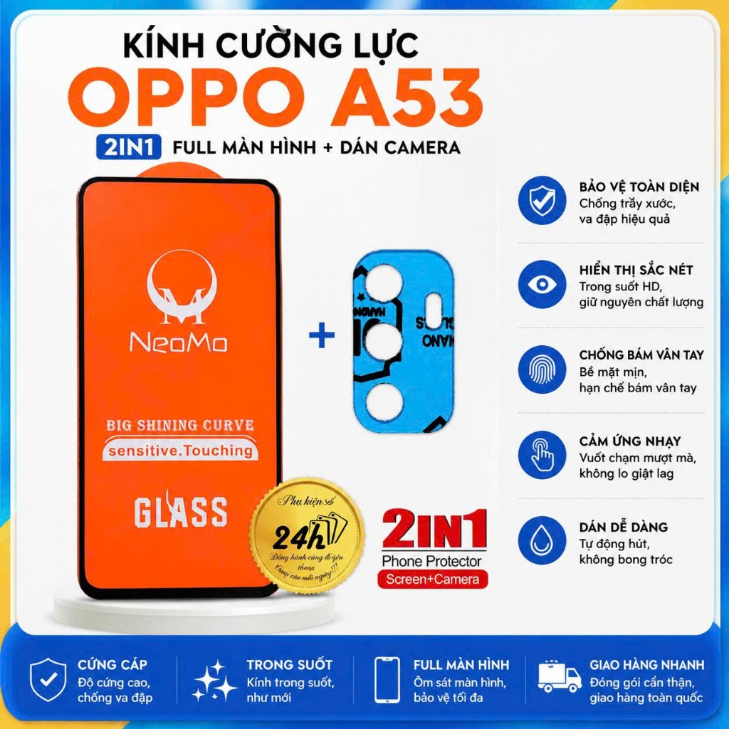 Combo Kính Cường Lực Oppo A53 / A53 2020 Full Màn Hình 9D + Miếng Dán Bảo Vệ Camera