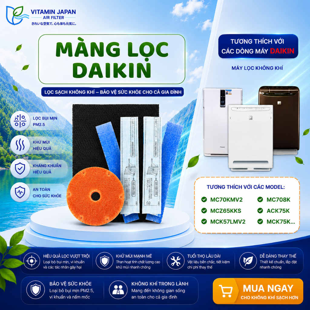 Màng Lọc Không Khí Daikin 3in: MC70KMV2-N, MCK57LMV2-W, ACZ65K-W, MCZ65KKS -W,... Màng Lọc Hepa