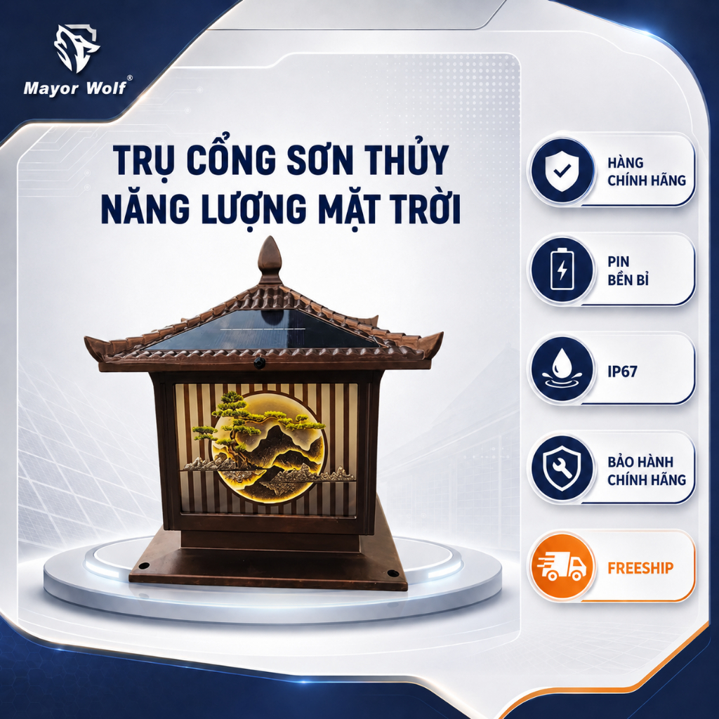 Đèn Trụ Cổng Solar Mayor Wolf – Đèn Năng Lượng Mặt Trời Trang Trí Ngoài Trời IP68