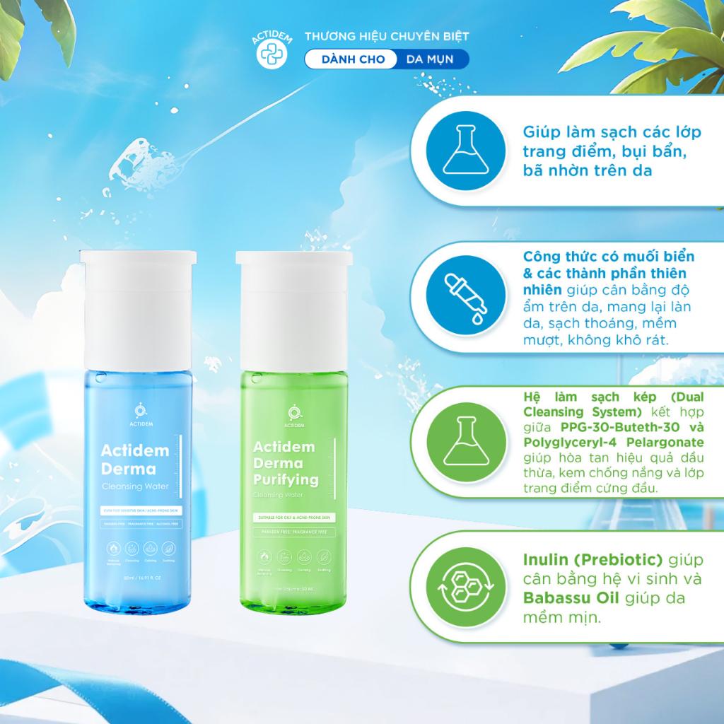 Tẩy trang Actidem Derma Cleansing Water cho da mụn, nhạy cảm 50ml