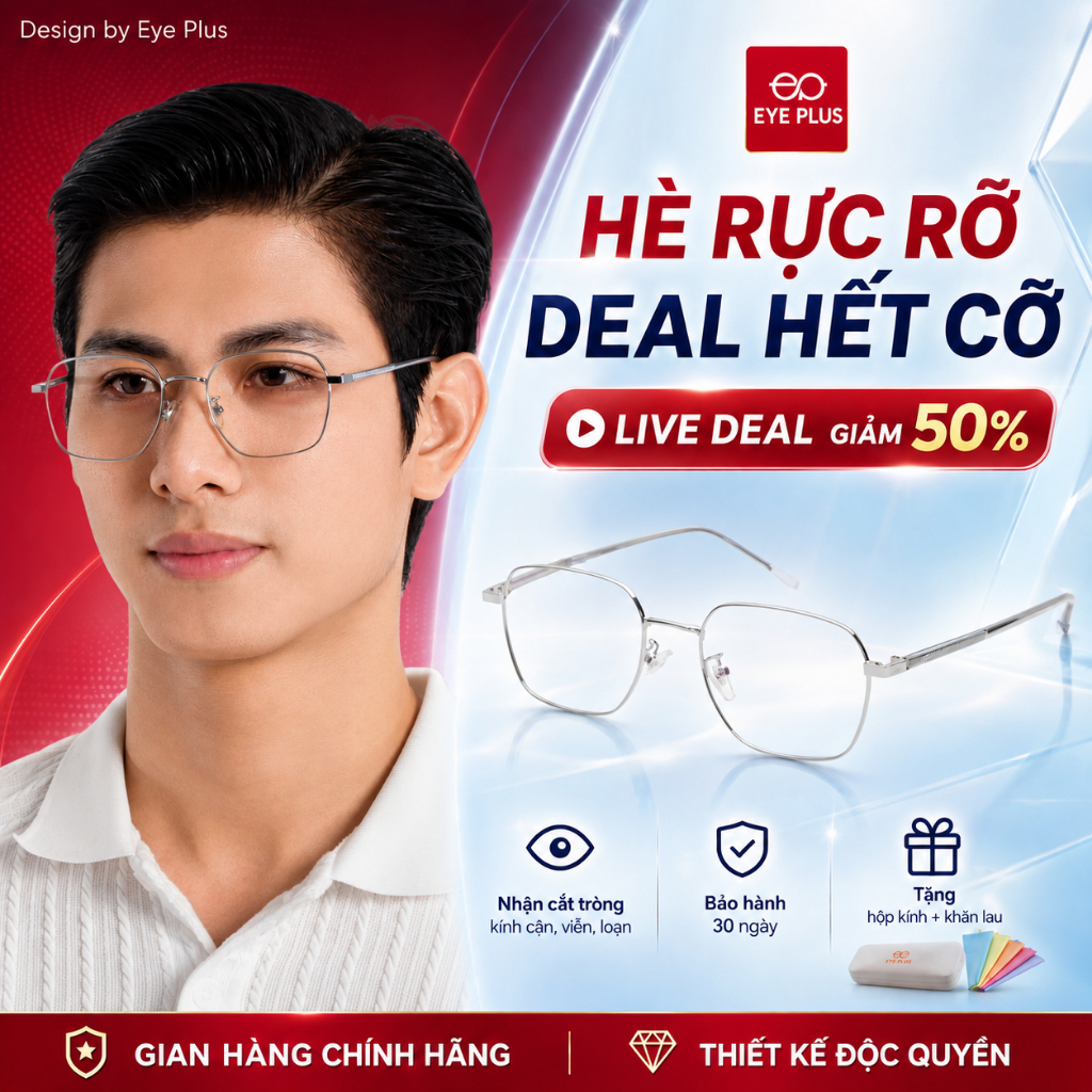 Gọng Kính Cận Mạ Titan Nam Nữ 7125 EyePlus Dáng Vuông Chuôi Bọc Nhựa TR90 Lõi Thép Bền Bỉ Thời Trang