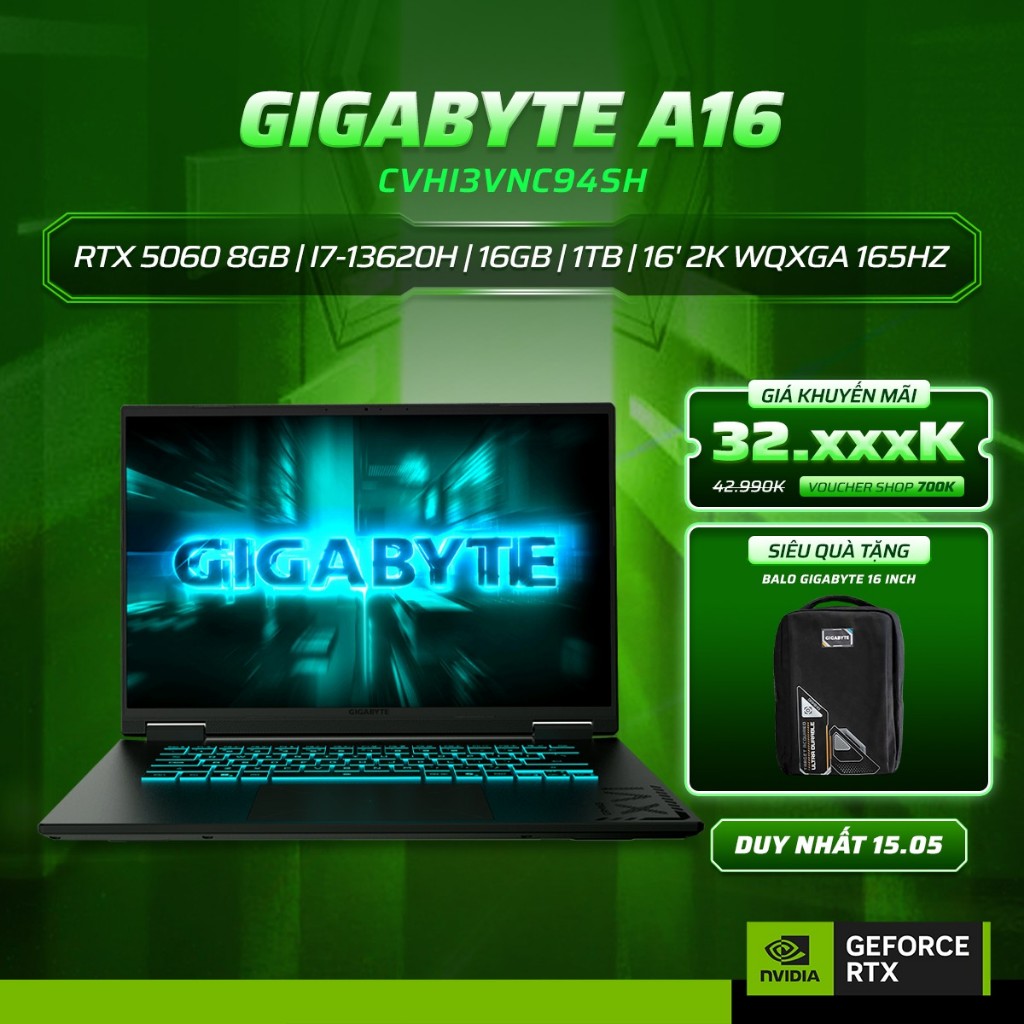 Laptop Gigabyte Gaming A16 CVHI3VNC94SH Card GeForce RTX™ 5060 8GB / Core i7-13620H / 16GB / 1TB