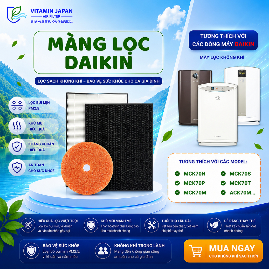 Màng Lọc Không Khí Daikin:  ACK70M, MCK70M, ACK70N, TCK70M, MCK70N, ACK70P,... Màng Lọc Hepa