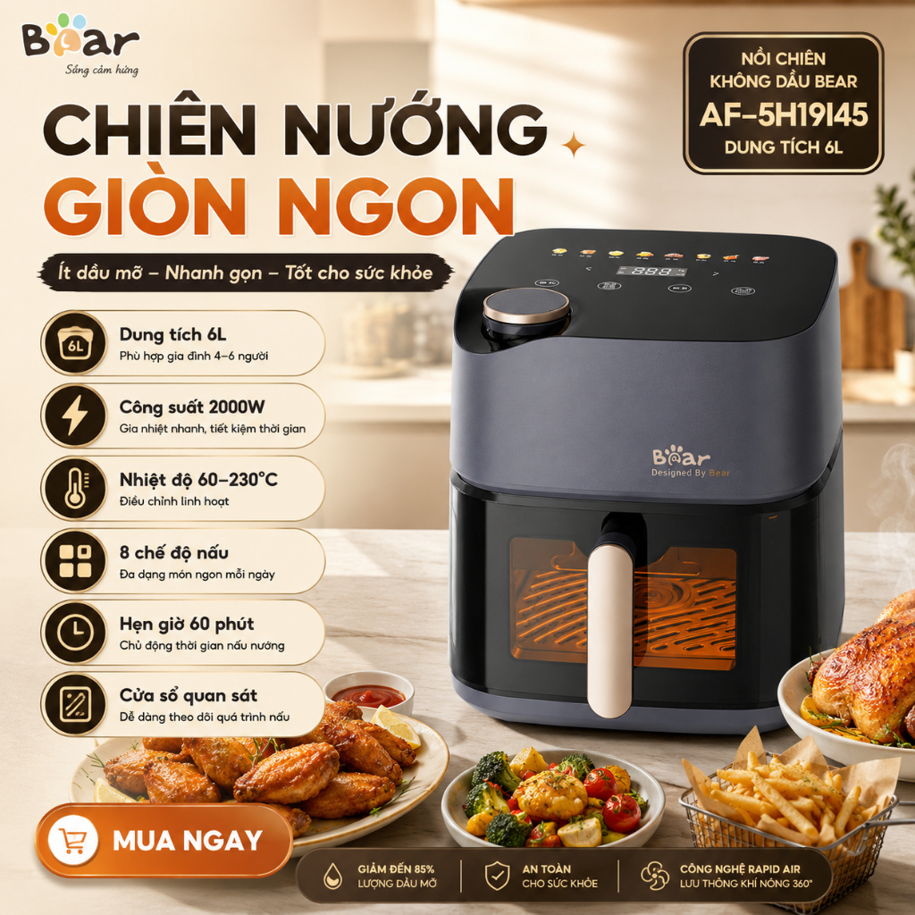 Nồi chiên không dầu BEAR 6L AF-5H19I45 Tiếng Việt Lò Nướng Nồi Chiên Hơi Nước Hấp Nướng Bánh