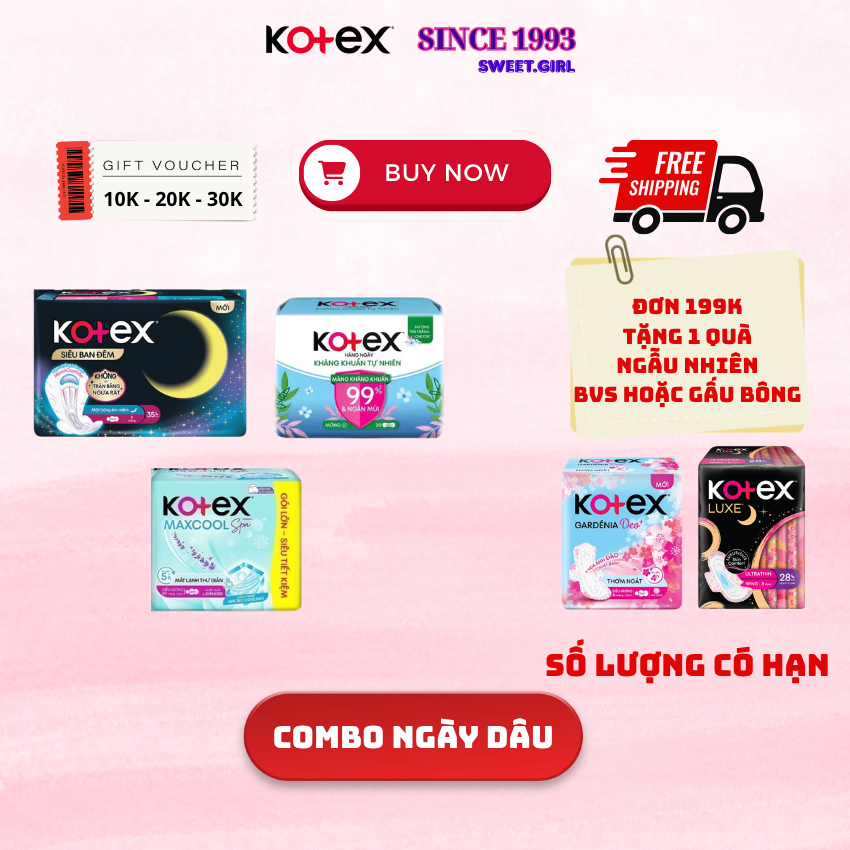 Combo ngày dâu KOTEX BVS Moon 8 Miếng + kháng khuẩn hàng ngày 40 Miếng + Maxcool 20 Miếng