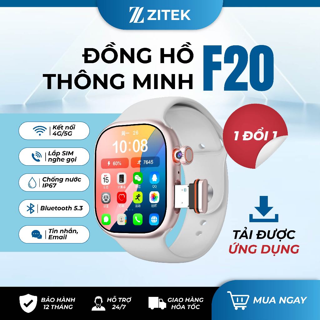 Đồng Hồ Thông Minh Lắp SIM ZITEK F20, Android, Tải App CHPlay, Wifi, GPS, Camera Xoay, Nghe Gọi