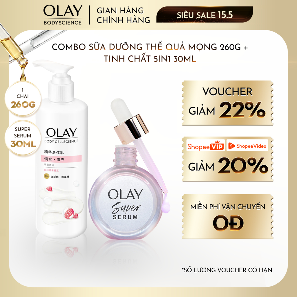 [LIVE] Combo Sữa dưỡng thể Olay (Dưỡng Sáng/Quả Mọng/Dạ Lan Hương) 260g + Super Serum OLAY 5in1 30ml