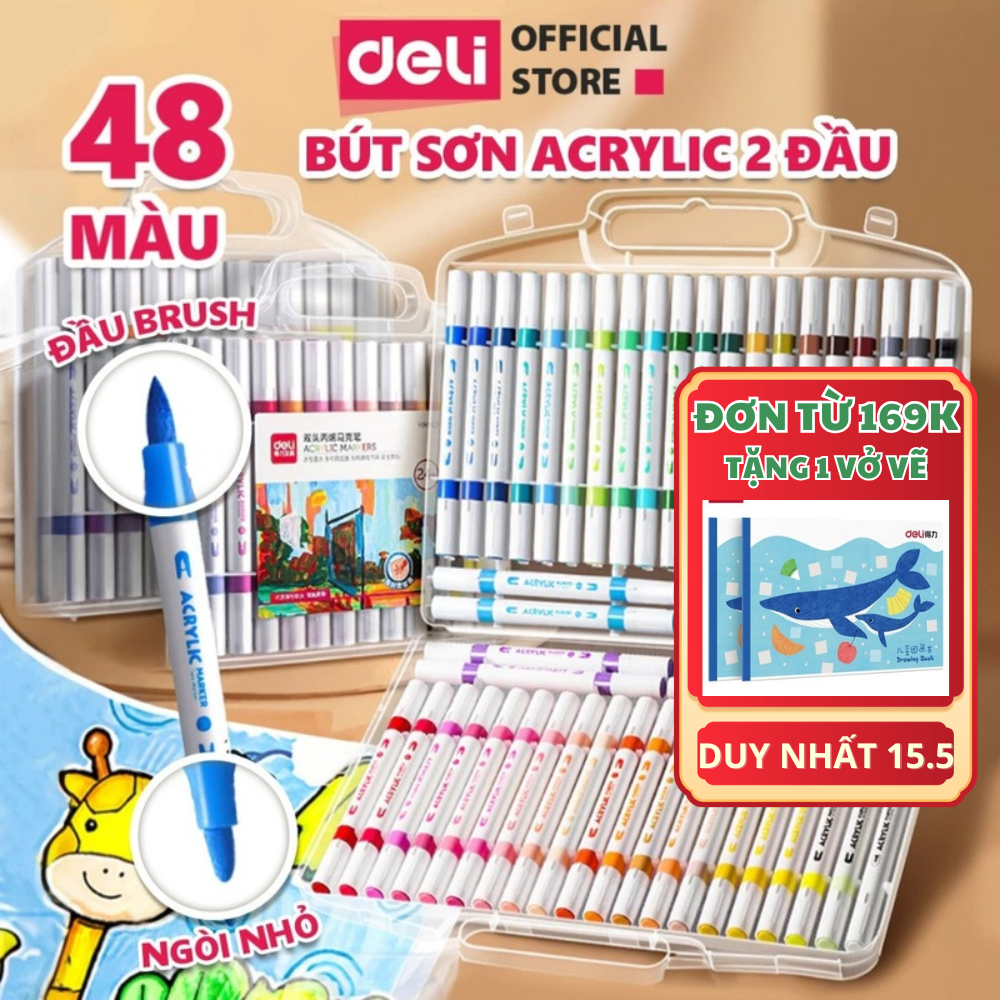 [TẶNG VỞ VẼ] Bút Sơn Acrylic Marker 2 Đầu Deli Bút Màu Acrylic Ngòi Chóp + Brush - Tô Vẽ Mọi Chất Li