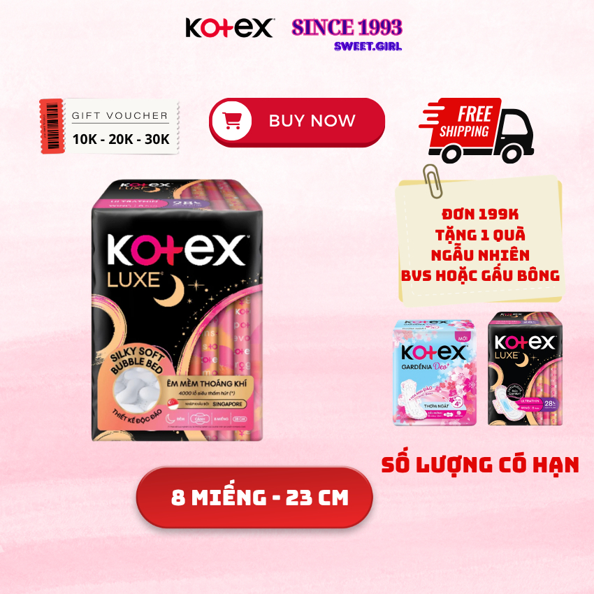 (HOẢ TỐC) Băng Vệ Sinh Kotex LUXE  Mặt Bông Êm Mềm Dễ Chịu Thấm Hút Siêu Tốc 23cm 8 Miếng/Gói