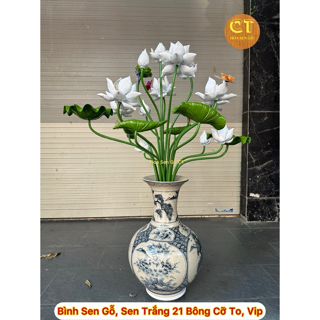 Hoa sen Gỗ, Sen Trắng. Bộ 21 Bông Size To, Vip ( Không kèm Bình )
