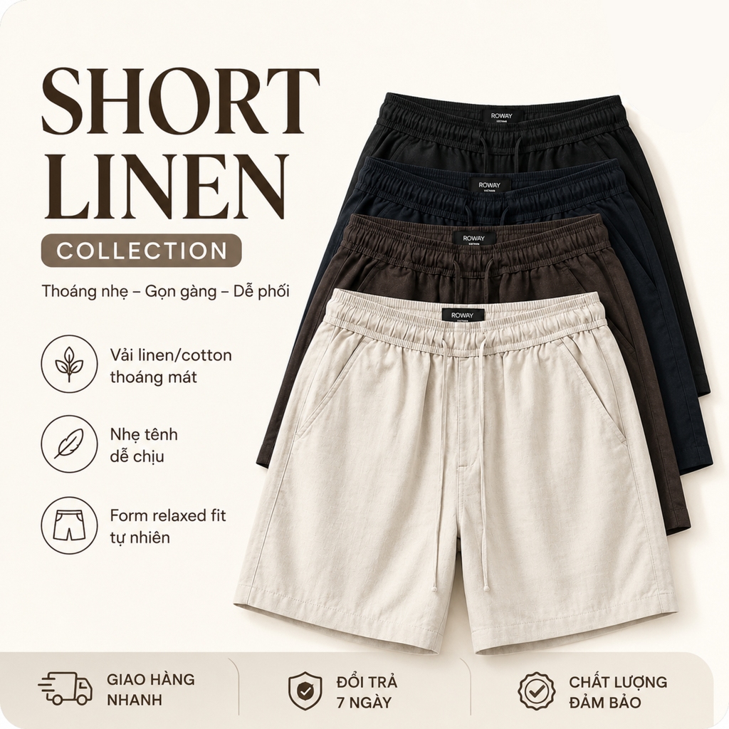[MỞ BÁN] Quần short nam ROWAY, chất liệu linen cotton | Quần short dệt cạp chun