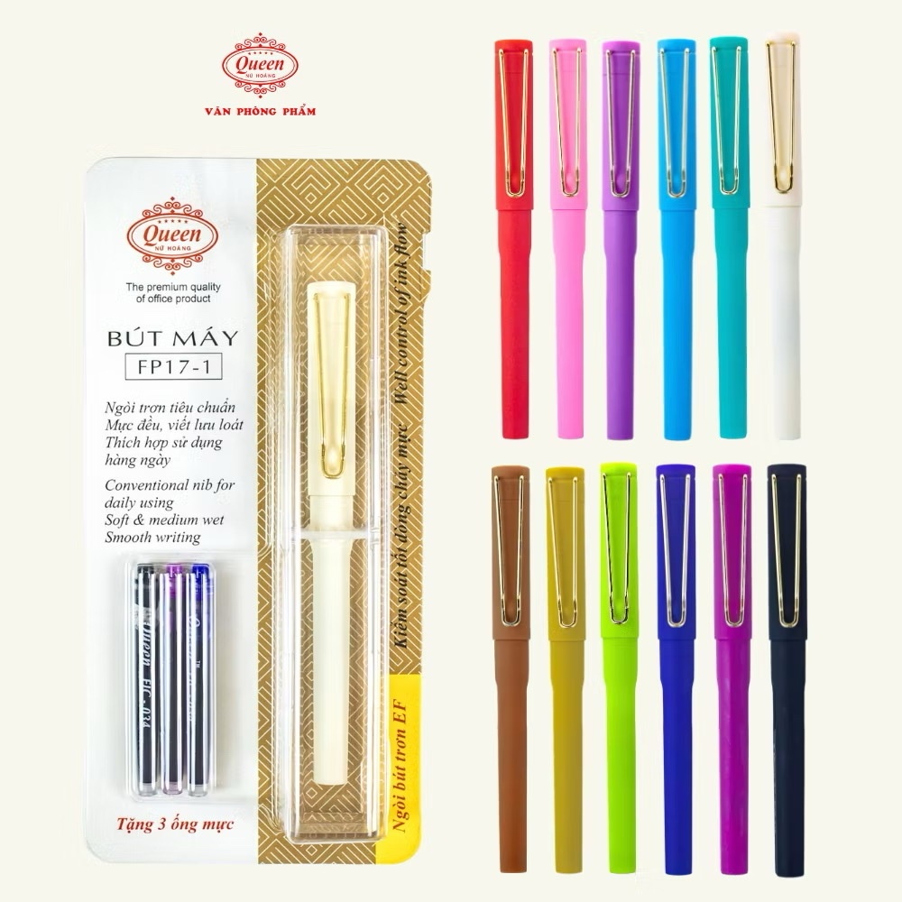 (Ngẫu nhiên) Bút máy ngòi trơn nét nhỏ tròn đều Queen FP17-1 (12 Màu bút) - Kiểm soát nét mực nhỏ, V