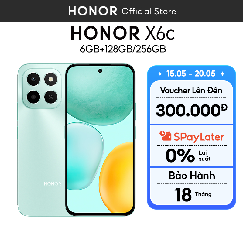 Điện Thoại Di Động Honor X6c 6GB + 128GB/256GB | Pin 5300mAh | Camera 50MP| NFC | Kháng nước IP64 | BH 18 Tháng