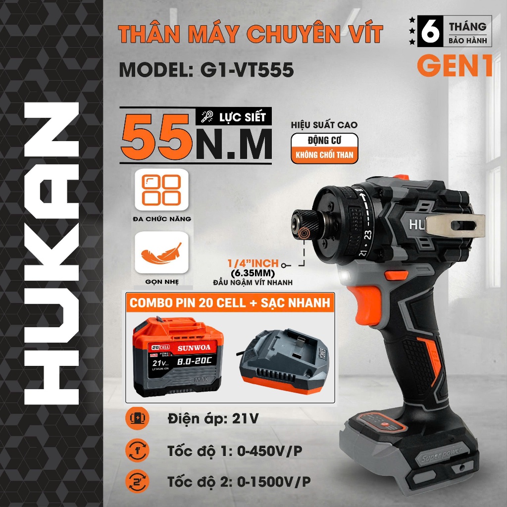 Máy chuyên vít trượt HUKAN G1-VT555, 23 cấp trượt, Chân pin phổ thông M21, Lực siết 55NM