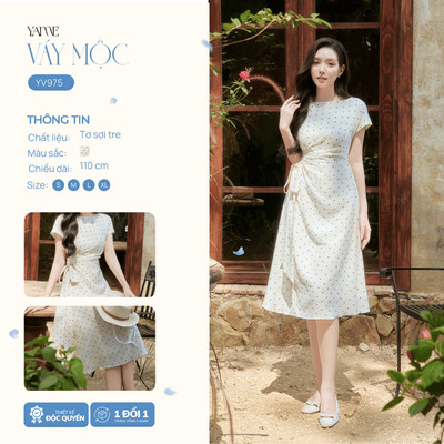 Váy Thiết Kế Nữ YAME Cổ Thuyền Chấm Bi Phối Dây Đai Thắt Eo, Tùng Váy Chữ A, Đầm Công Sở Dáng Dài 110cm Mộc - YV975