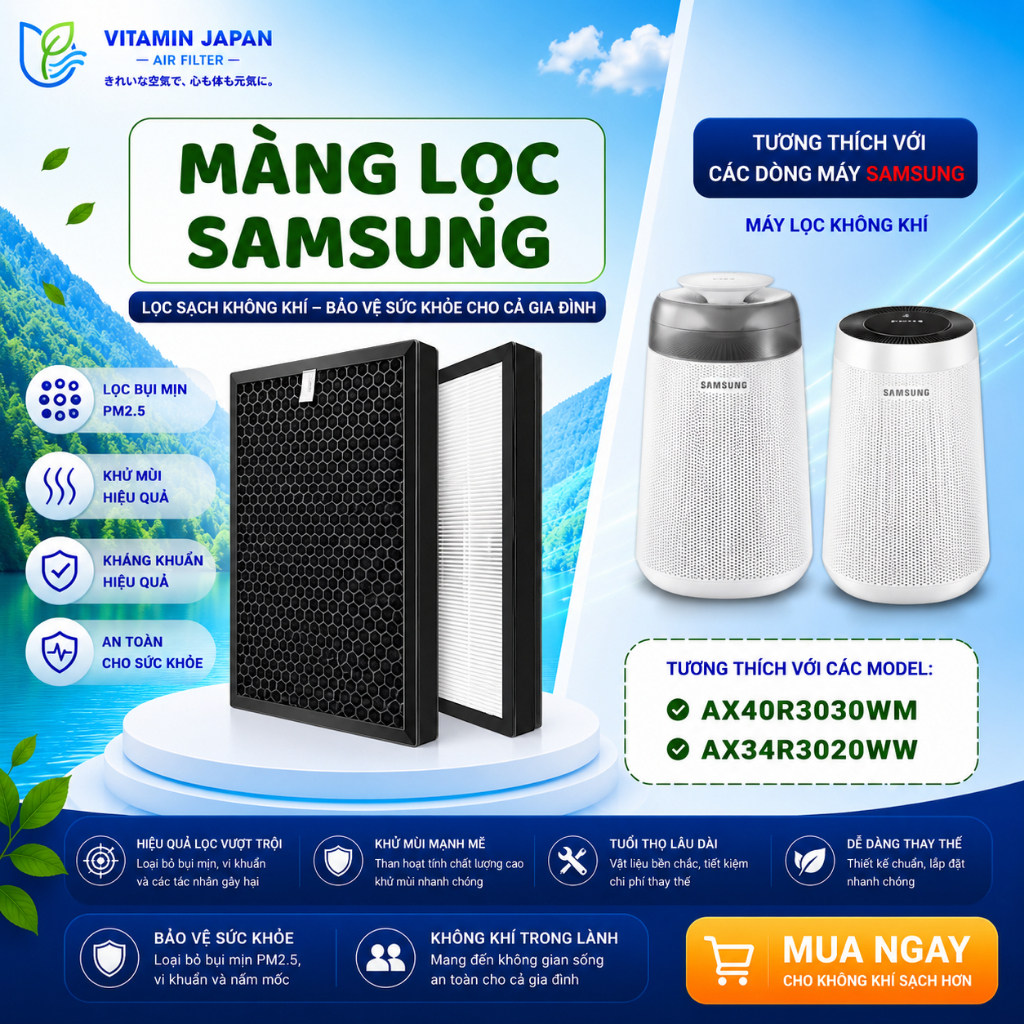 Màng Lọc Không Khí Samsung: AX40R3030WM và AX34R3020WW.  Bộ Màng Lọc Kết Hợp Hepa Và Than Hoạt Tính