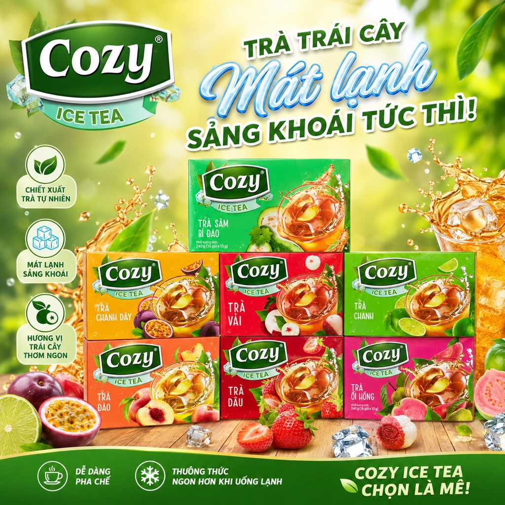 Trà Cozy Trà Đen Hòa Tan Các Vị Trái Cây Trà Đào, Gừng, Chanh, Vải, Dâu, Ổi hồng, Chanh dây, Sâm Bí 