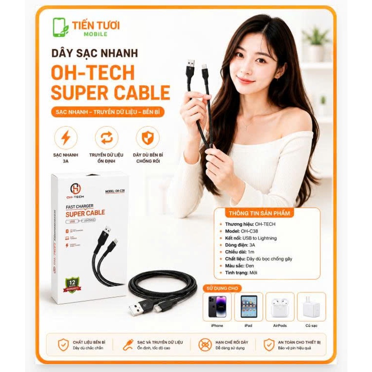 Dây sạc nhanh OH-Tech usb to lightning(dây dù)
