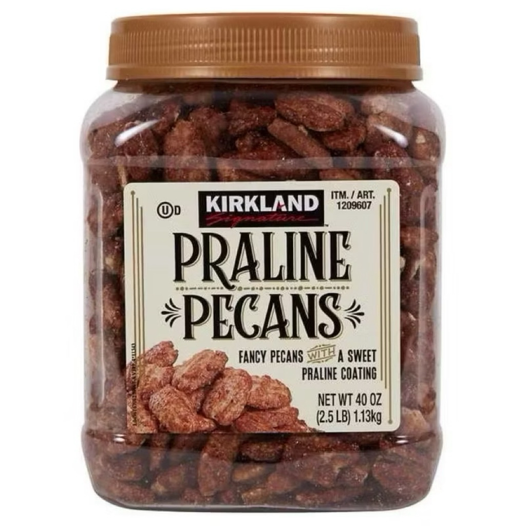 Hạt hồ đào phủ đường nâu Kirkland Praline Pecans của Mỹ hộp 1130gr - date 08/27