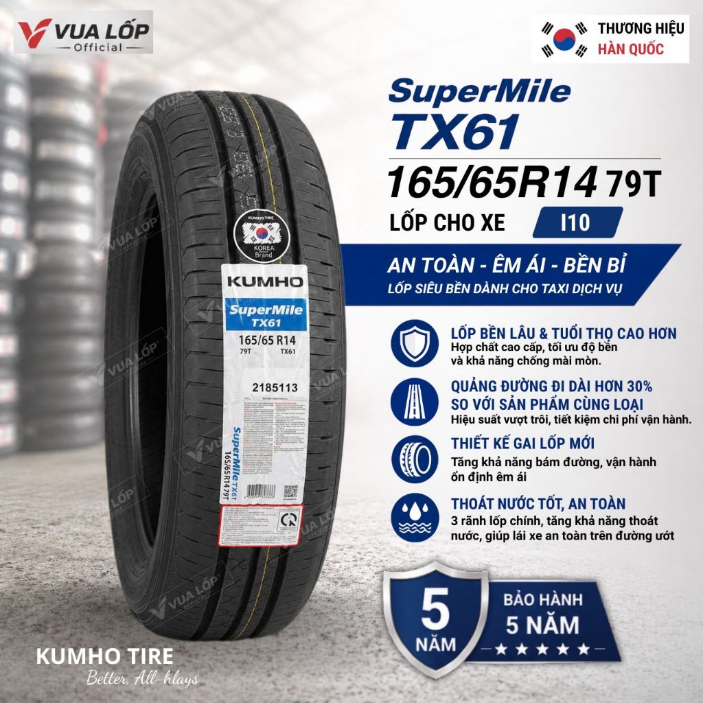 Lốp KUMHO 165/65R14 79T TX61 - Lốp xe I10 Lốp mới Giá tốt nhất (Bảo hành 5 năm)