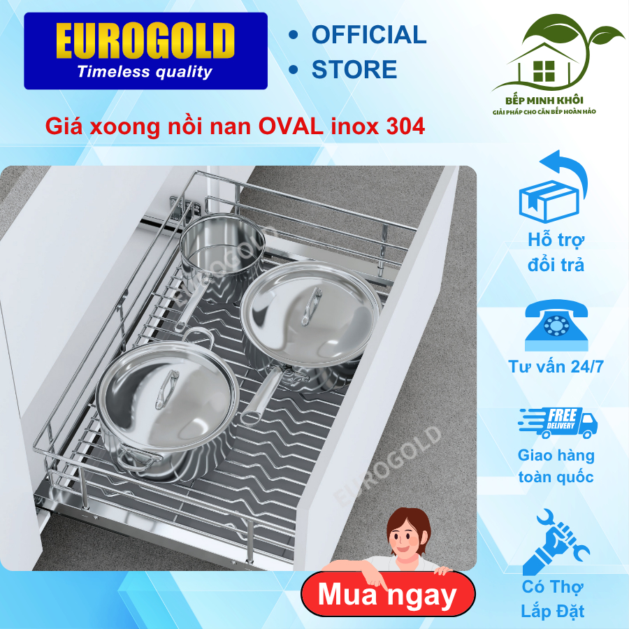 Giá xoong nồi EUROGOLD nan oval cao cấp, Kệ xoong nồi inox 304 kèm ray giảm chấn + khay hứng nước