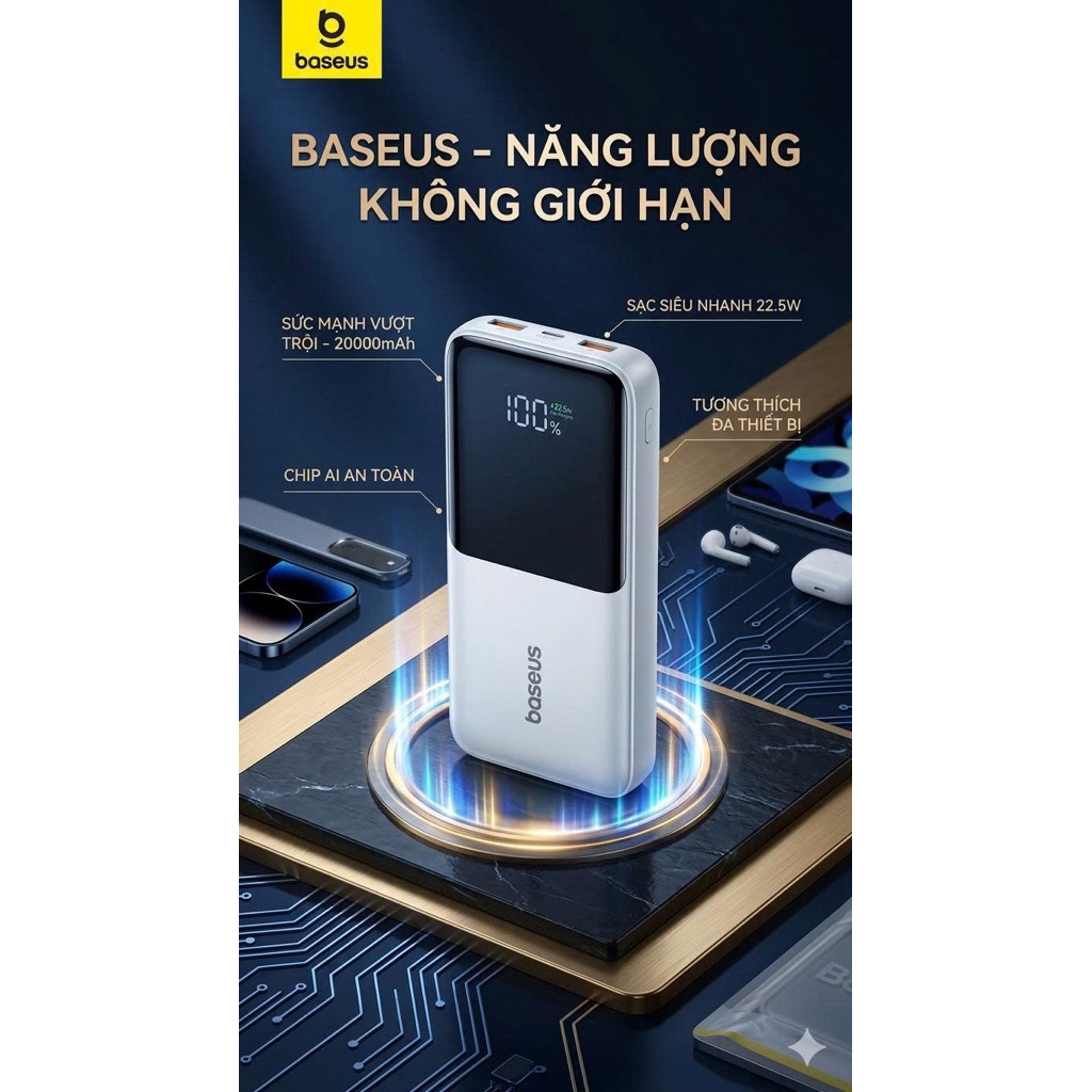 Sạc dự phòng Pisen 20000mAh sạc nhanh 22.5W kèm cáp TypeC + Light ( 2 cổng C + A )