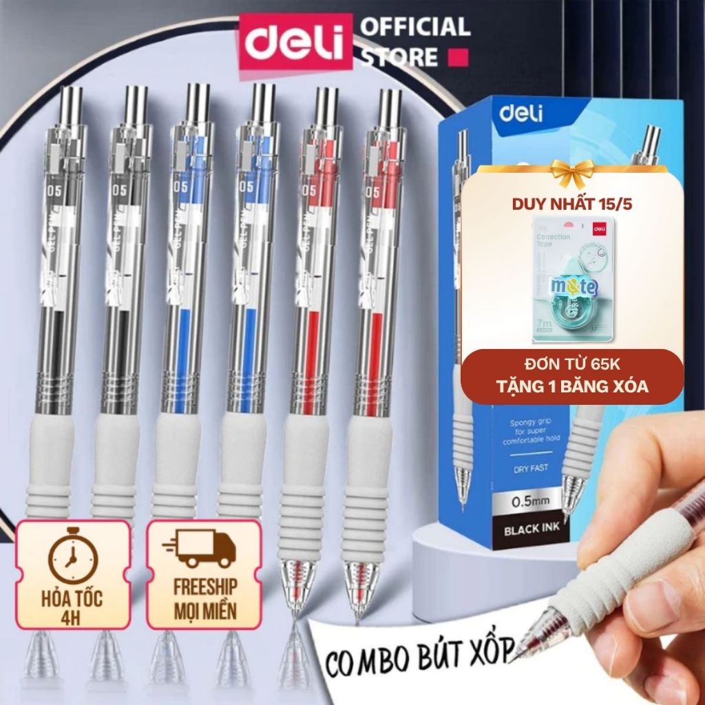 [🔥15/5 TẶNG BĂNG XÓA] Bút Bi Nước Bút Gel Mực Bấm Deli Đệm Xốp 3 Màu Xanh/ Đen/ Đỏ Ngòi 0.5mm Cho Họ
