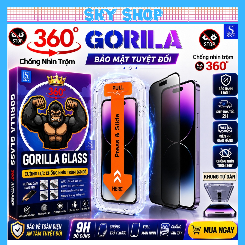 Kính Cường Lực iphone Chống Nhìn Trộm 360 Độ Tự dán rút bụi GORILA GLASS cho ip 17 ProMax 16 15 14 13 12 11 Xs Max | BigBuy360 - bigbuy360.vn