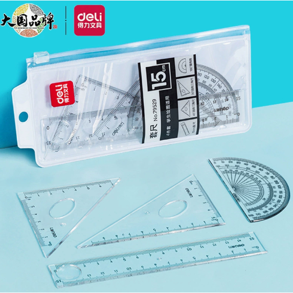 Bộ thước kẻ Deli, thước kẻ, tam giác, thước đo góc - bộ thước kẻ bốn món dành cho học sinh