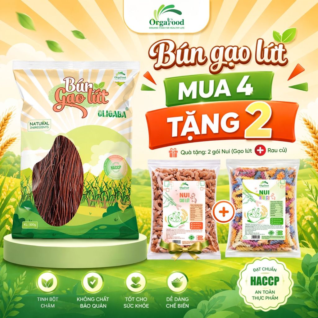 [COMBO SIÊU HỜI] Bún gạo lứt Orgafood Oligaba [Mua 4 500g tặng 2 nui 250g], ăn thực dưỡng, tiểu đườn