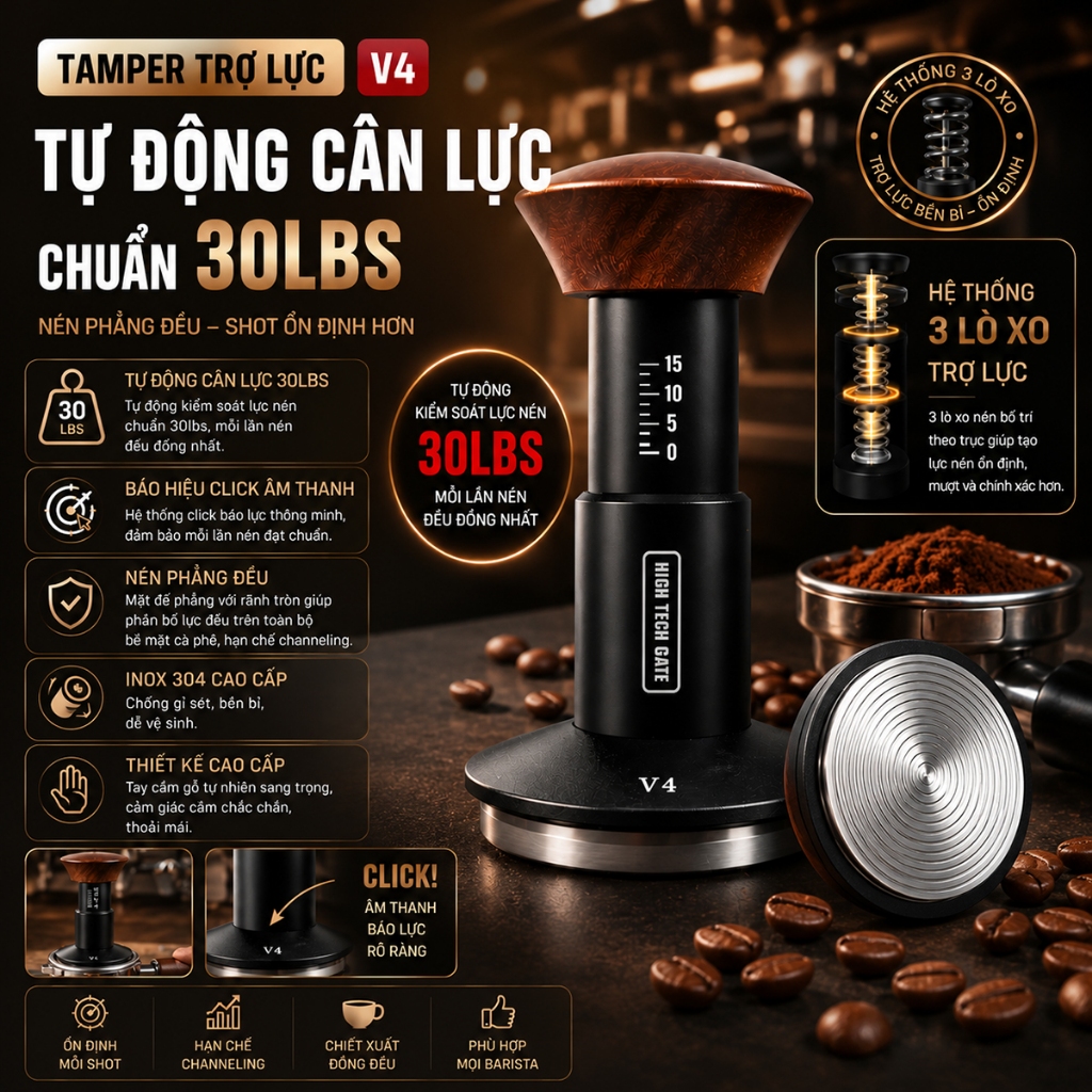 Tamper Trợ Lực V4 | Tự Cân Lực 30lbs – Nén Chuẩn Espresso