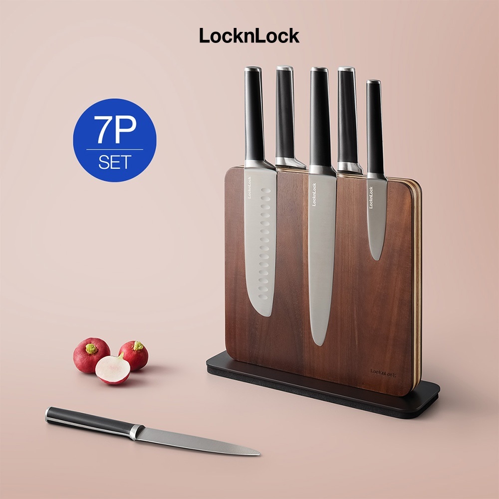 Bộ dao 7 món cao cấp LocknLock CKK804 –  Thép không gỉ, khối đỡ nam châm gỗ   – Chính hãng