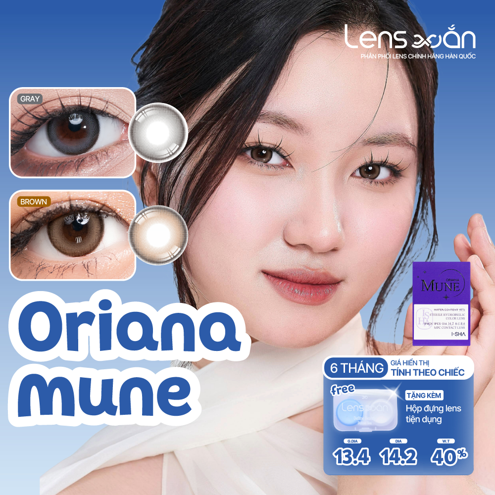 Kính áp tròng cận 6 tháng LENS XOẮN lens tự nhiên nâu xám trong veo hàn quốc ISHA ORIANA MUNE