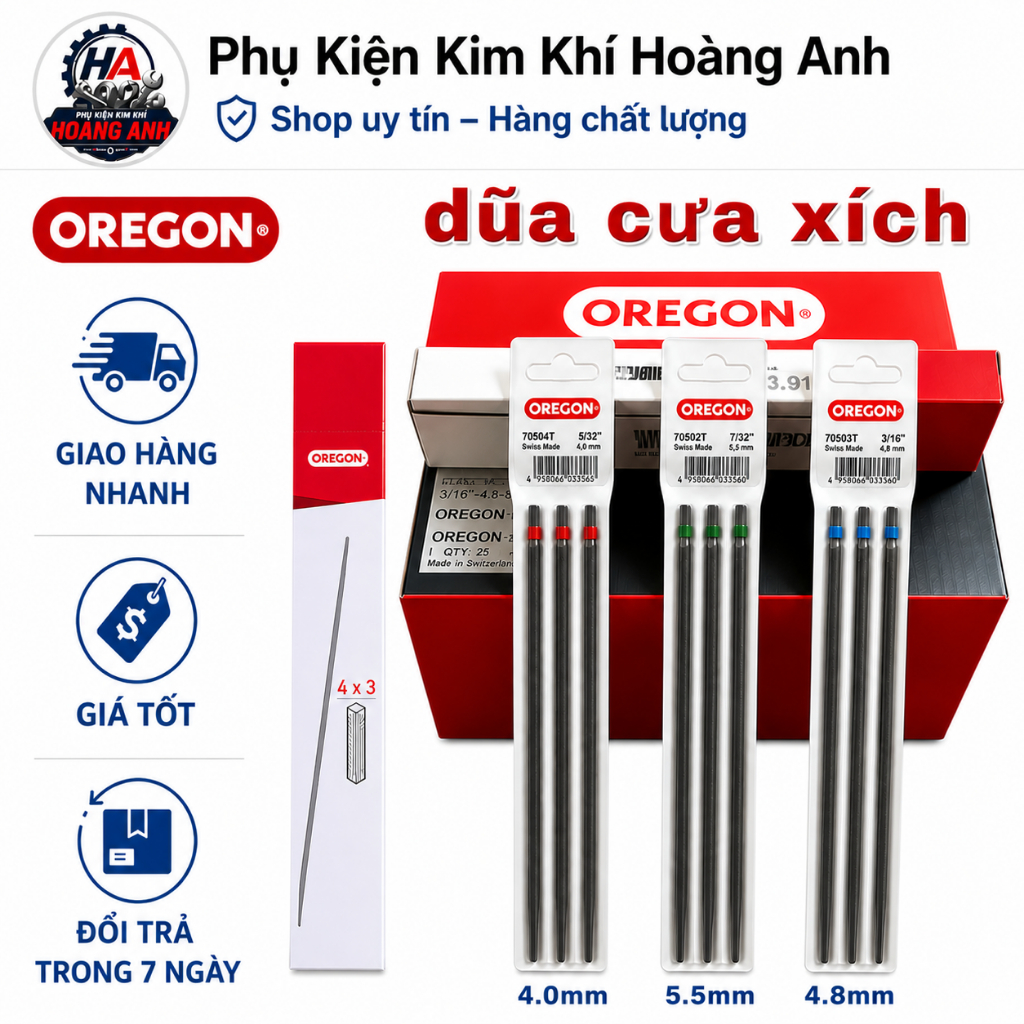 Dũa Mài Xích Oregon Cho Máy Cưa Xăng, Dũa Tròn Mài Lưỡi Cưa Xích Sắc Bén