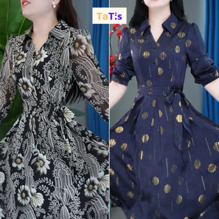 Đầm Trung Niên TATISSHOP Cho Mẹ Dự Tiệc Sang Trọng, Váy Nữ Váy Sơ Mi Tay Lỡ, Đầm Xoè Chất Lụa Mềm Mát - HP24