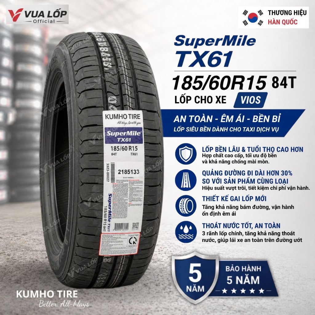Vỏ Lốp Vios KUMHO 185/60R15 84T TX61 226 - Lốp xe Vios Lốp mới Giá tốt nhất (Bảo hành 5 năm)