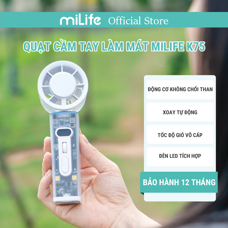 Quạt cầm tay sò lạnh miLife K75 xoay tự động, núm xoay cuốn chiếu, gió 8.1m/s