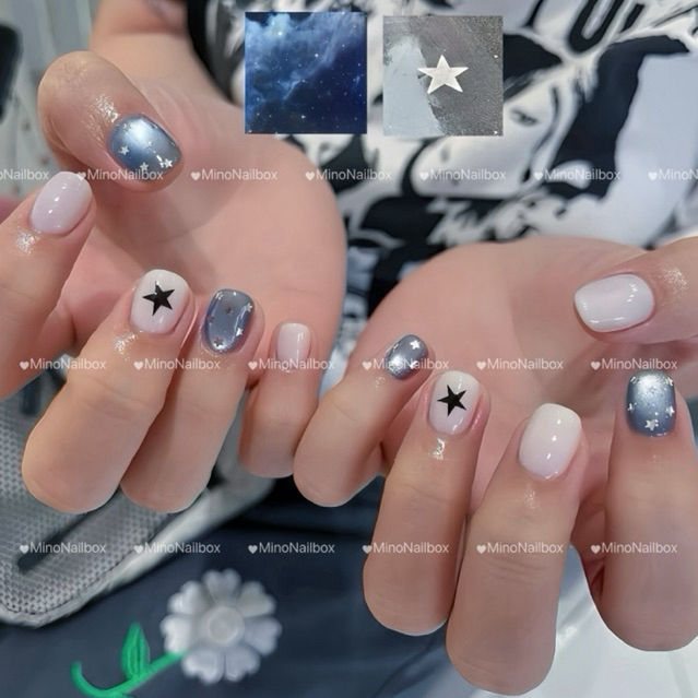 M371 Nailbox thạch gạo phối mắt mèo xanh đậm ngôi sao bạc Mino Nailbox
