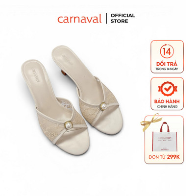Dép Nữ Cao Gót Carnaval Ren Lưới Đính Ngọc Trai, Gót Nhọn 5cm Thanh Lịch Tiểu Thư - VS205