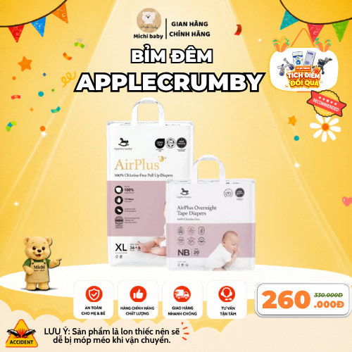 Michibaby- Bỉm Đêm Applecrumby AirPlus Overnight NB/S/M/L/XL/XXL, siêu thấm hút 12 Giờ- MC580 - AF4