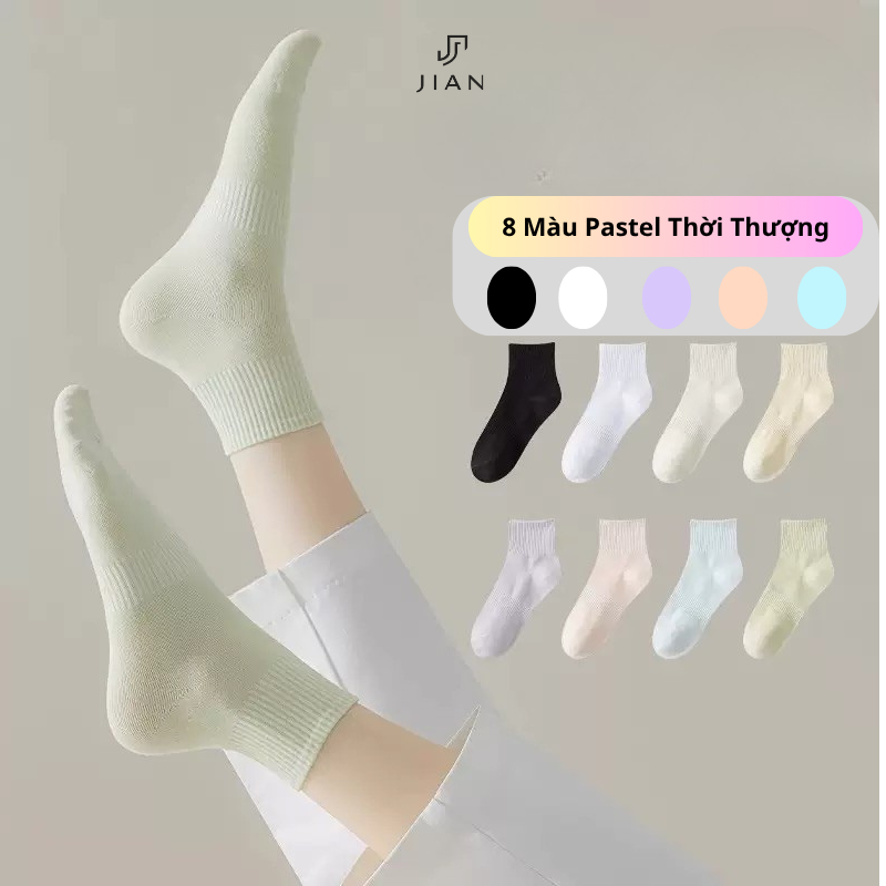 Tất Nữ Cổ Trung Cotton Hàn Quốc - Vớ Nữ Cổ Cao Basic Trơn Nhiều Màu Kháng Khuẩn Thoáng Khí Thấm Hút 