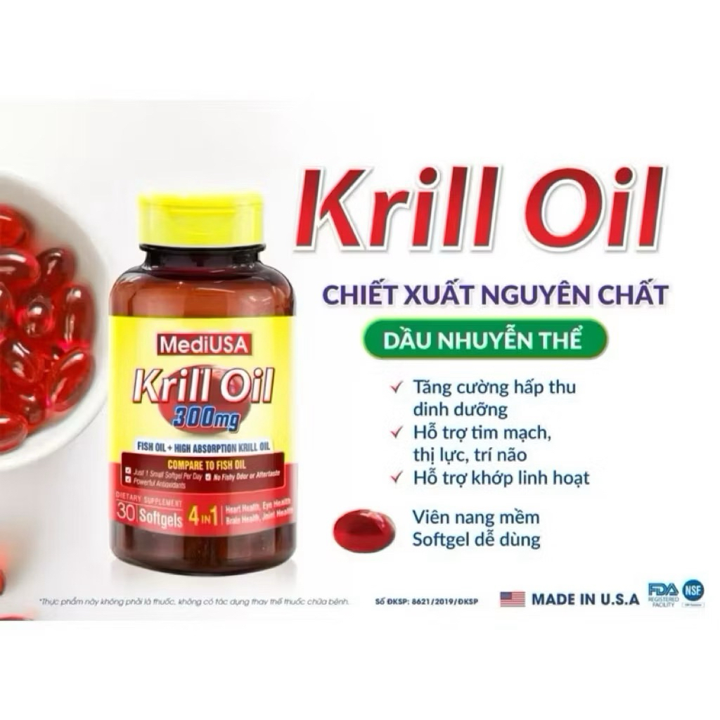 Dầu nhuyễn thể Krill Oil MediUSA ( 60 viên) - bổ sung omega 3 hỗ trợ sức khỏe tim mạch
