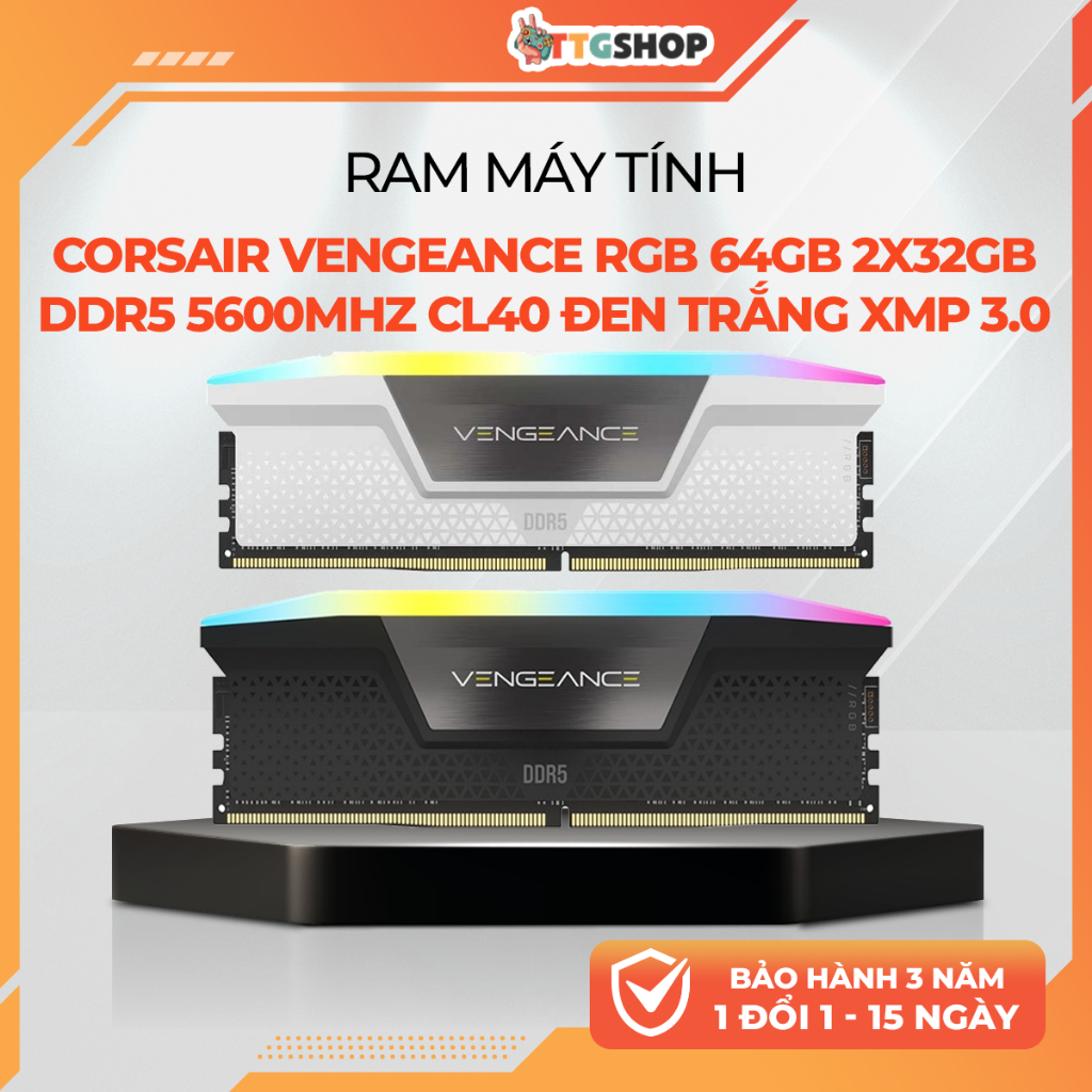 RAM Corsair Vengeance RGB 64GB 2x32GB DDR5 5600MHz CL40 Đen Trắng XMP 3.0
