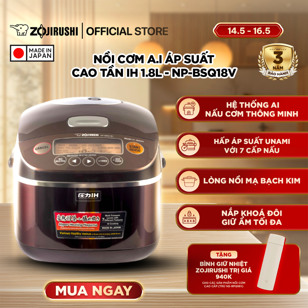 Nồi Cơm Điện Áp Suất Cao Tần Zojirushi Cao Cấp - Hệ Thống AI Thông Minh, Dung tích 1.8L, Chất Lượng 
